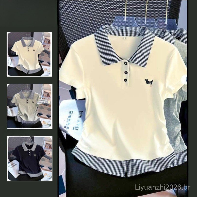 Camisa Polo Feminina de Verão com Estampa e Bordado de Manga Curta YTCH