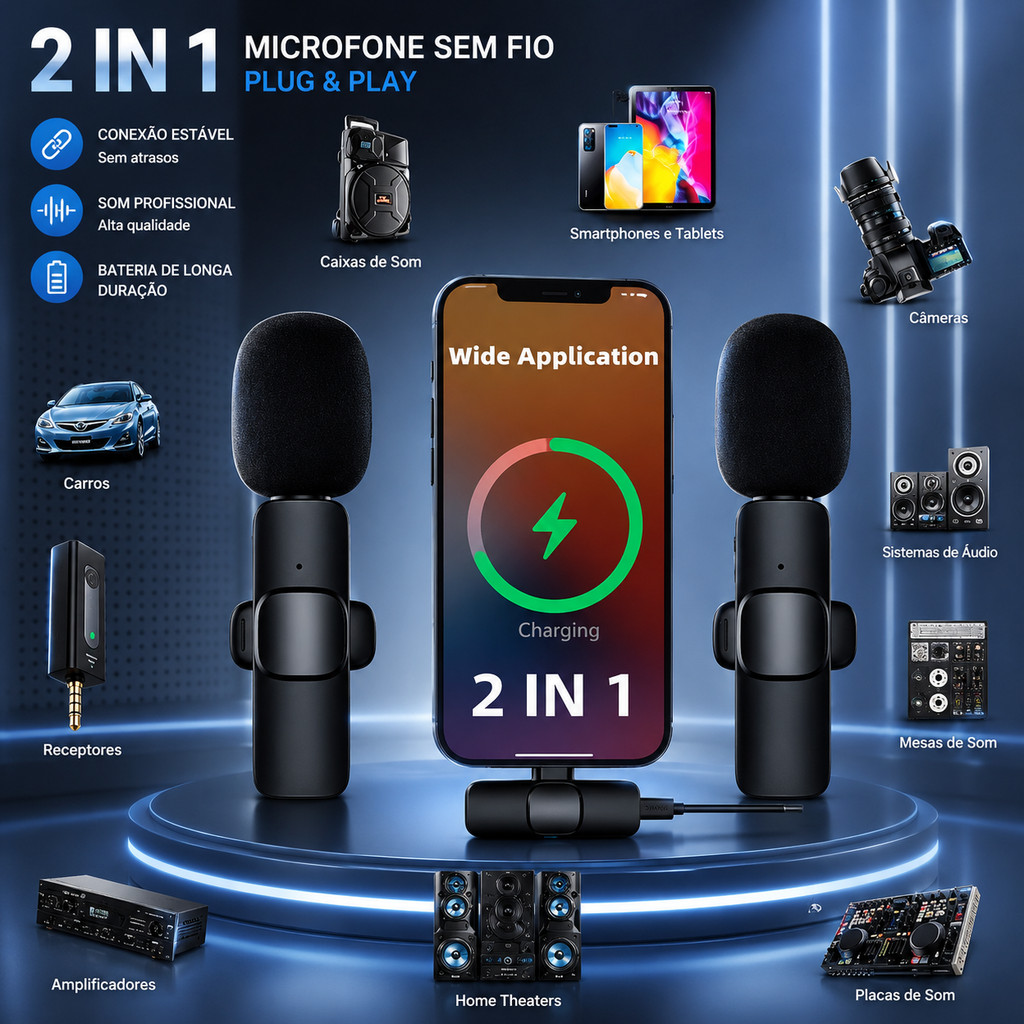 Kit 2 Microfones de Lapela Sem Fio Tipo-C para Celular Podcast Live Vídeos e Entrevistas