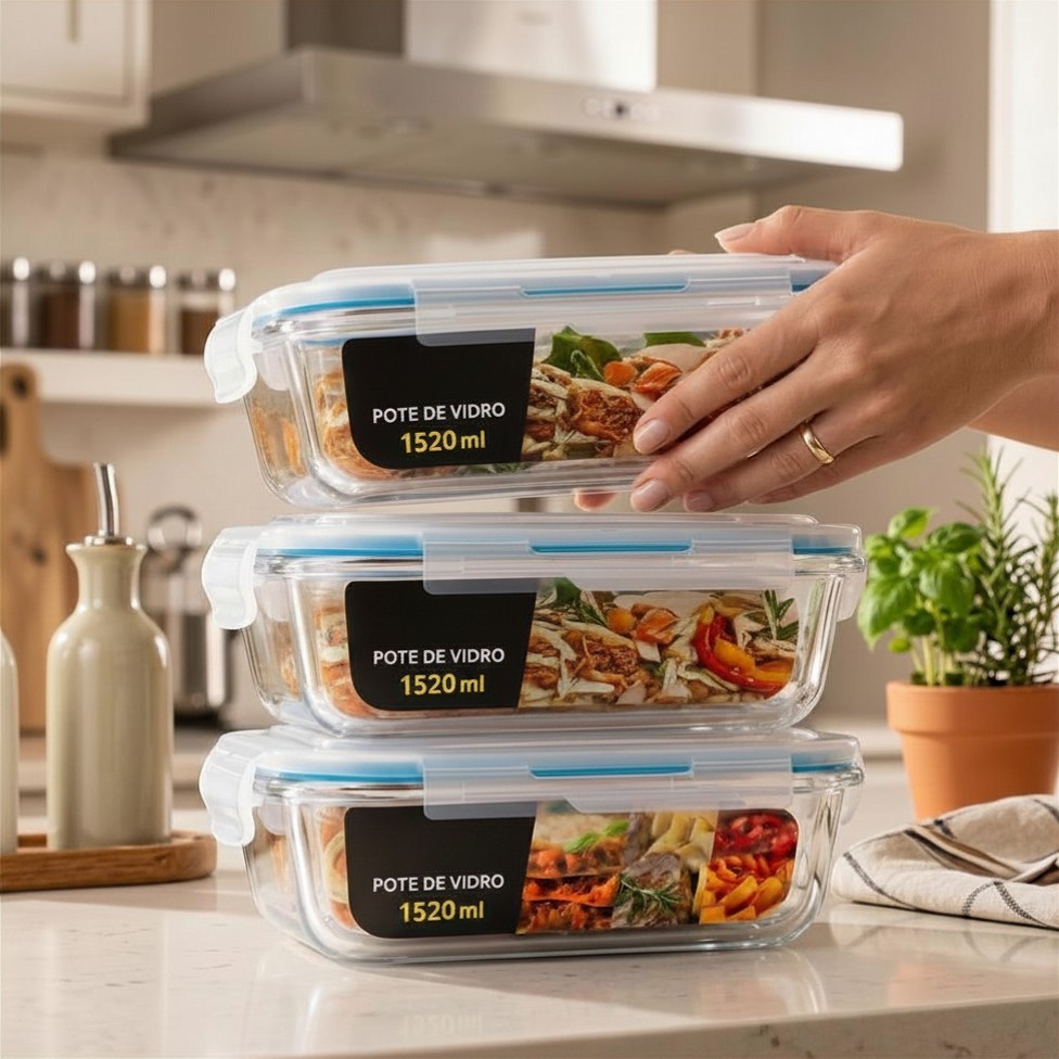 Kit 3 Potes de Vidro Herméticos 1500ml com Trava 4 Travamentos Organizador Cozinha Mantimentos