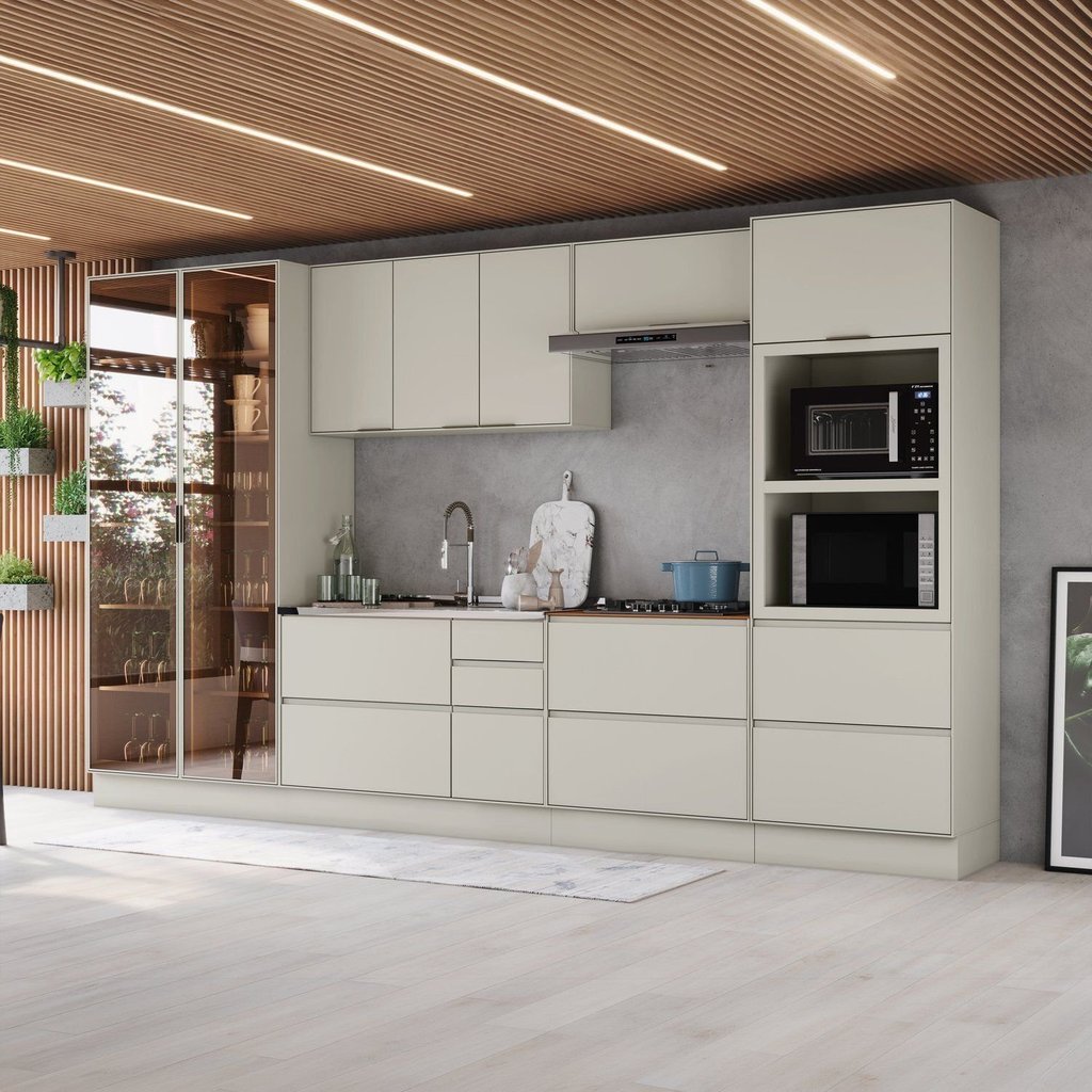 Cozinha Completa 7 Peças 100% MDF com Cristaleiras 2 Portas e Torre Quente 2 Fornos Fineze