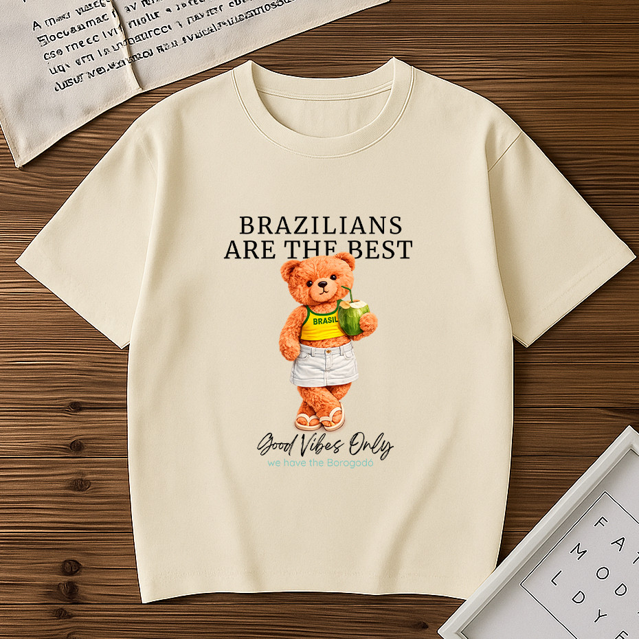 Camiseta Feminina Urso Brasil Estampada Algodão Casual Moda Verão Estilosa Vintage