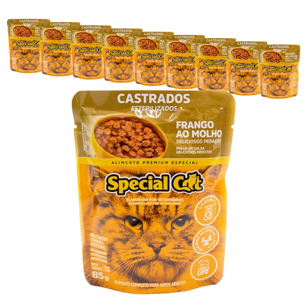 Ração Úmida Premium Special Cat Sachê para Gatos Castrados sabor Frango 85g - KIT 10 unids.