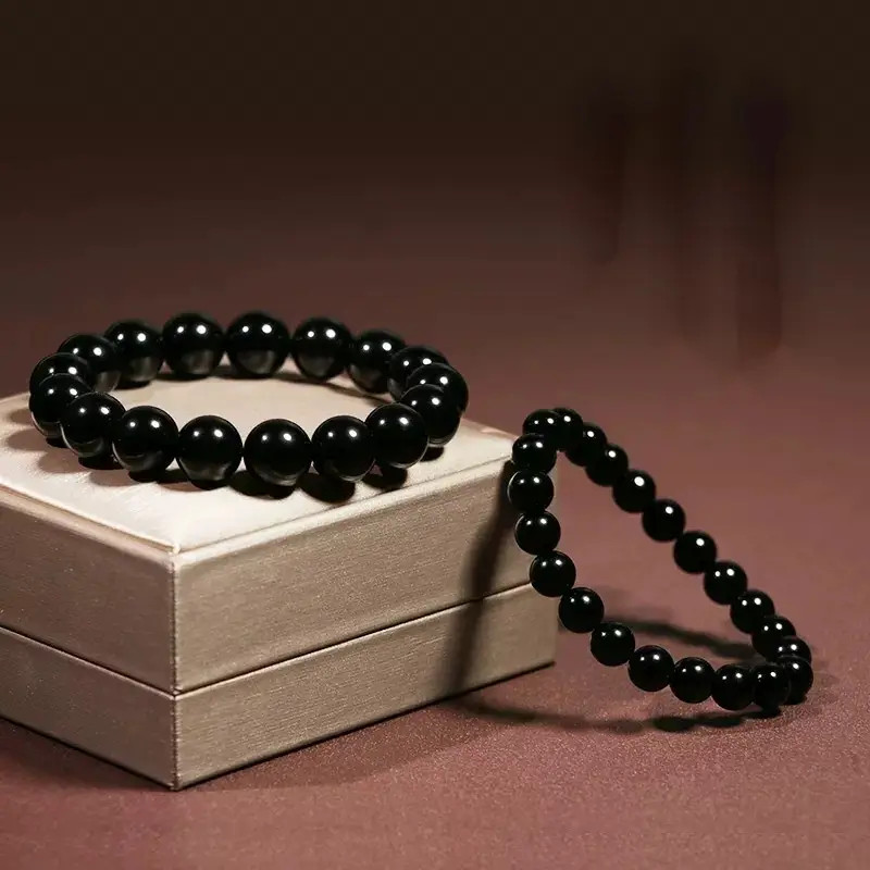 1 Peça 10/12/14/16mm Pulseira De Obsidiana Preta Masculina E Feminina-Cordão De Contas Pretas