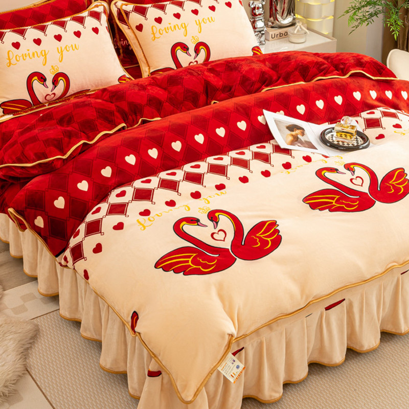 Grosso Coral leite velo conjunto de quatro peças inverno dupla face flanela velo colcha capa cama saia cama de casamento