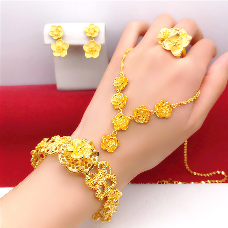 Simulação vietnã areia ouro colar feminino banhado a ouro falso ouro casamento flor colar conjunto de jóias de noiva lon
