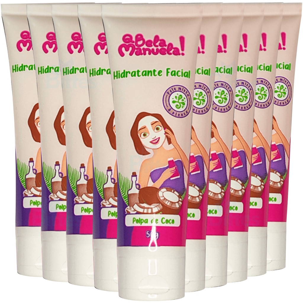 KIT 10 HIDRATANTE FACIAL POLPA DE COCO Q BELA MANUELA PARA TODOS OS TIPOS DE PELE