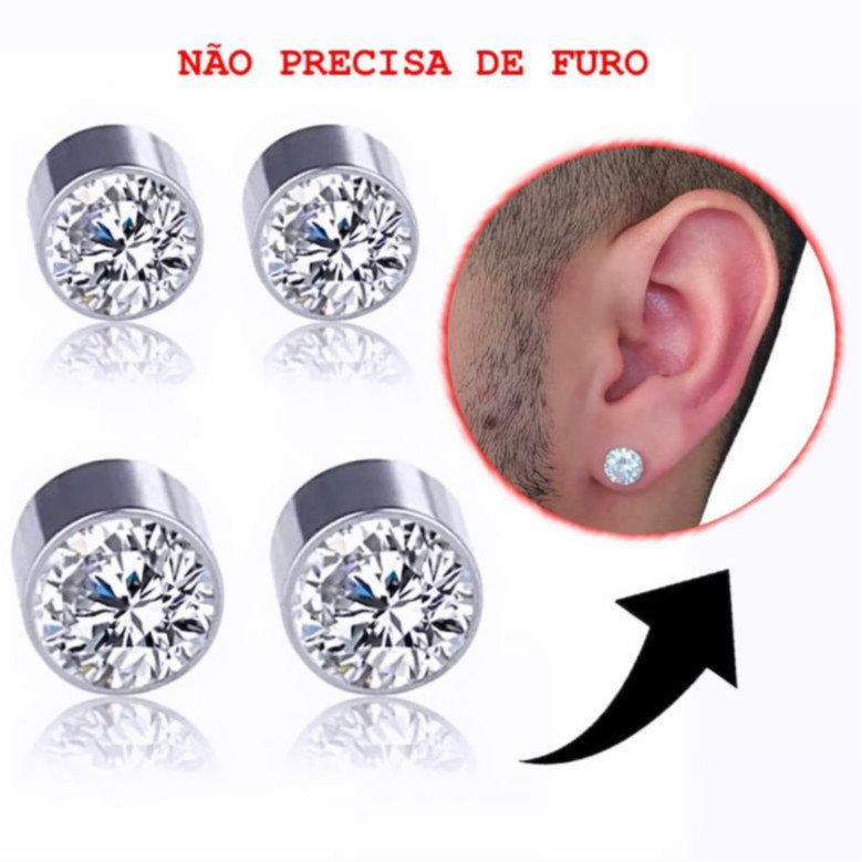 3 Pares Brinco Falso Pressão Sem Furo Magnético Pedra Zircônia - 8mm Alargador