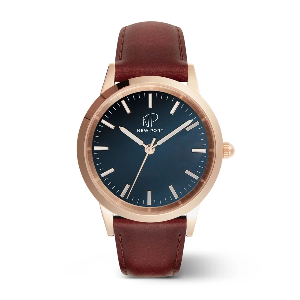 Relógio Masculino Casual Rosê Pulseira Couro New Port