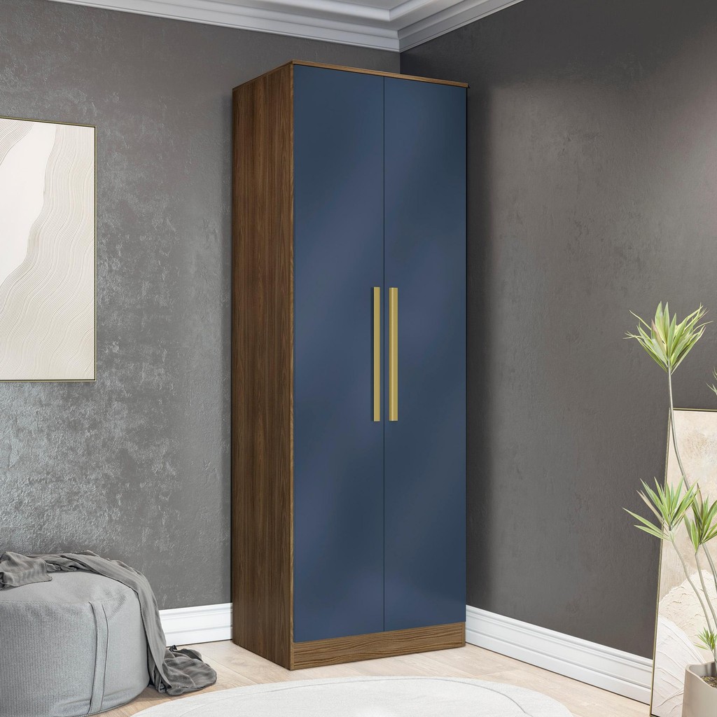 Guarda-Roupa 2 Portas 2 Cabideiros Kappesberg Adapt Nogueira/Azul 80cm em Oferta na Shopee
