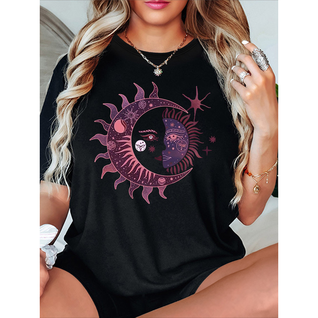 Camiseta Premium Feminina Estampa Sol e Lua, Unissex Oversized 100% Algodão em Oferta na Shopee