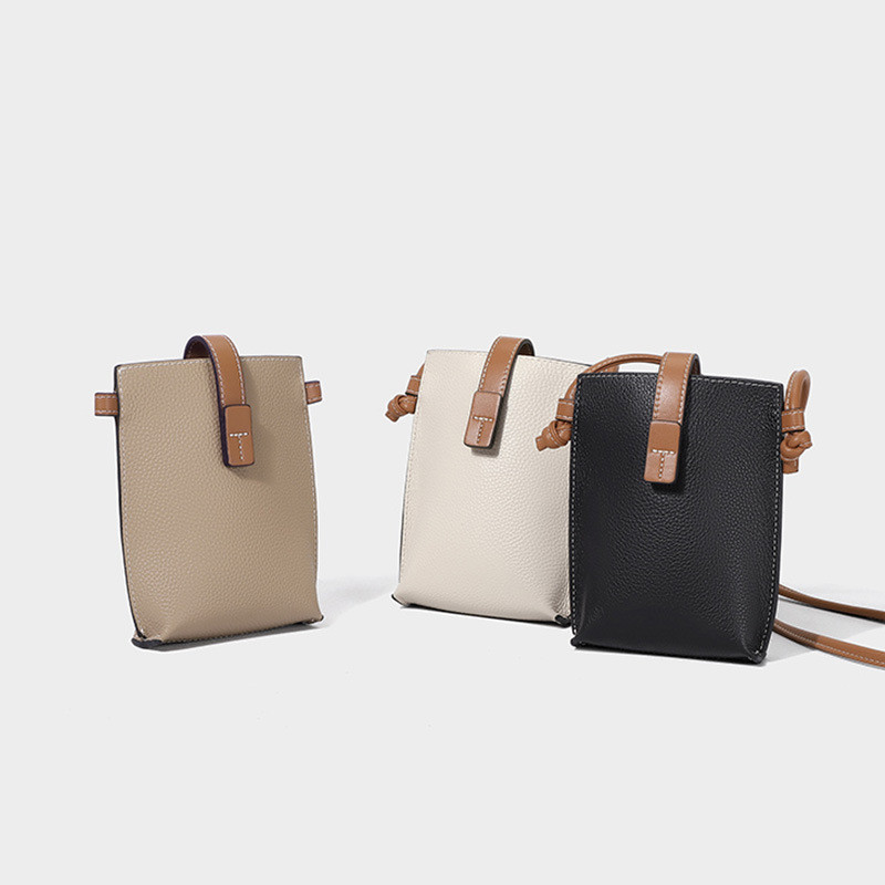 Bolsa de couro para celular, feita de couro de primeira camada, pequena, feminina, simples, de ombro único, transversal,