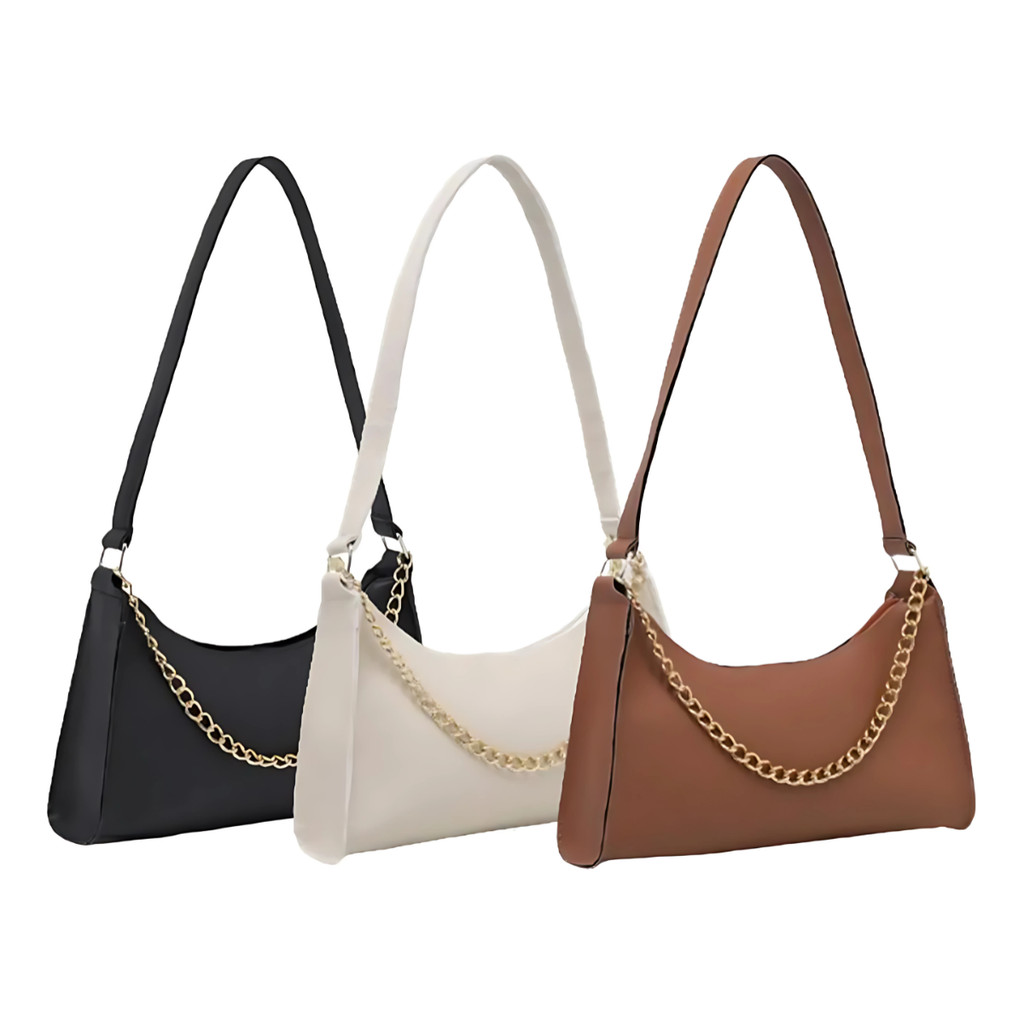 Kit 3 Bolsa Feminina Baguete Lisa de Mão Pequena Corrente de Ombro Balada Promoção Presente