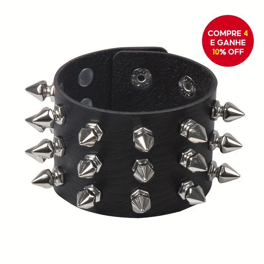 Pulseira de Couro com Espinhos Estilo Punk Gótico na Moda | Pulseira Ajustável Unissex para Hiphop e Festa