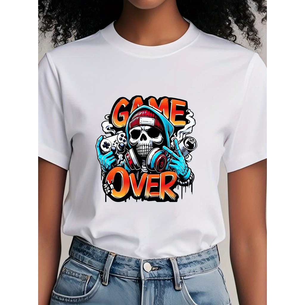 Bonito Camiseta Feminina Casual Com Estampa De Caveira E Grafite, Camiseta De Algodão Estilo Hip-hop De Moda De Rua