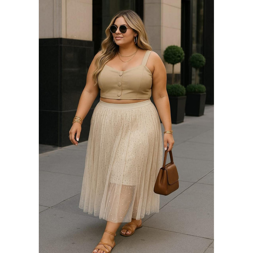 Saia Evangélica  Tule Armado  Paetê Brilho Temos Plus Size