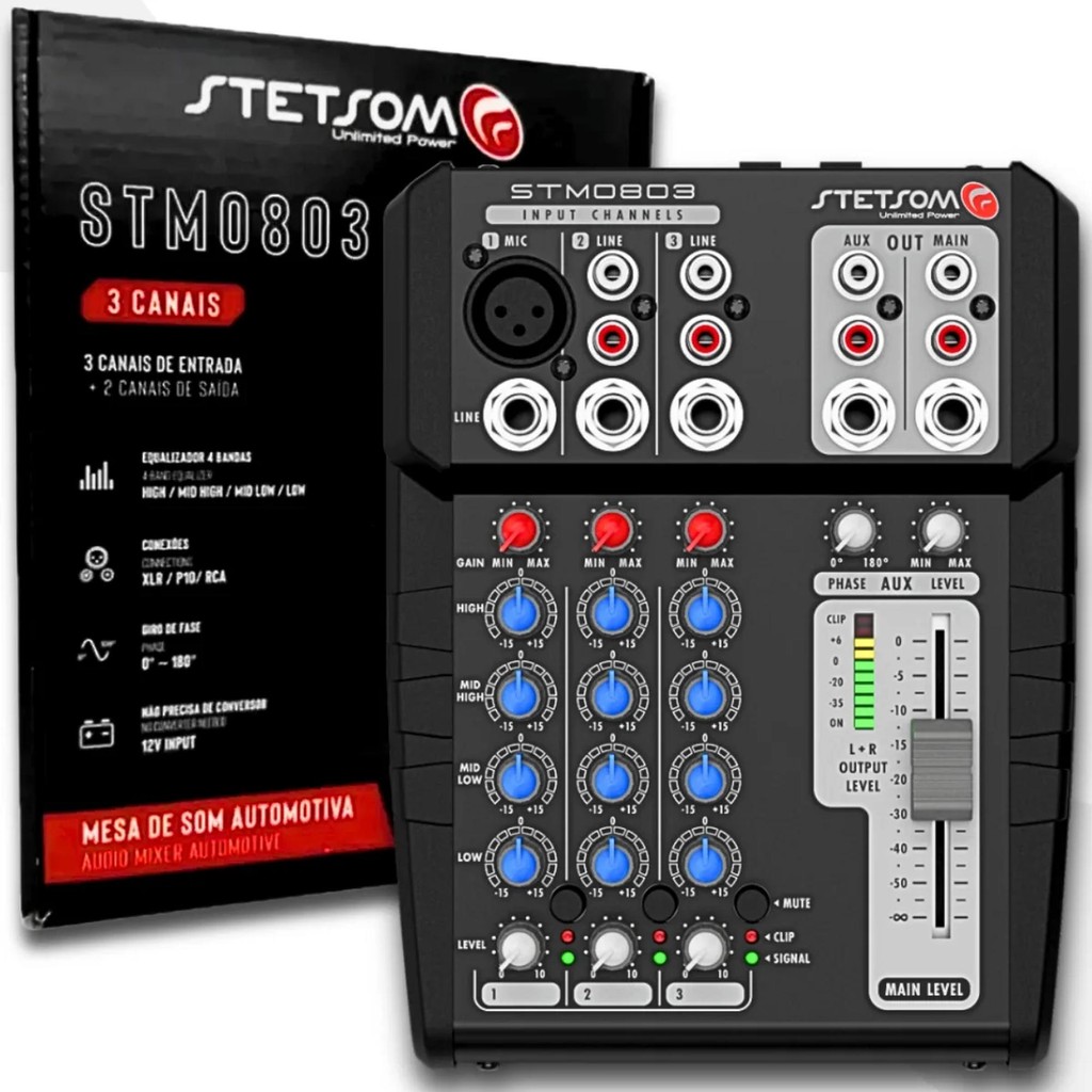 Mesa de Som Automotiva Stetsom STM0803  3Canais 12V 4Band EQ Ideal Ajustes Profissionais