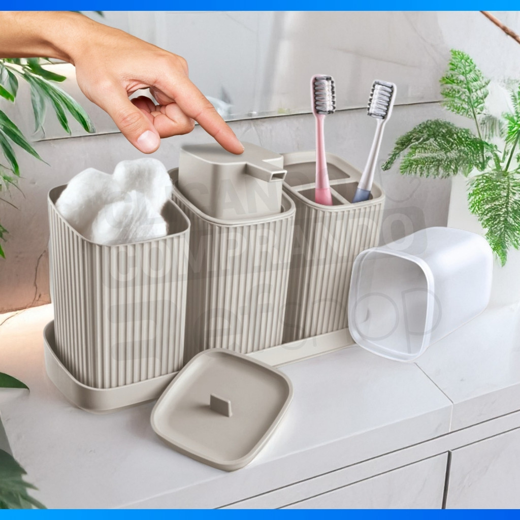 Kit Banheiro 3 Pecas Com Bandeja Dispenser Porta Algodão Porta Escovas E Porta Sabonete Liquido De 400Ml Decoração · foto 2