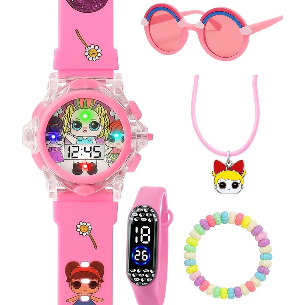 Relógio Infantil Rosa Led Digital + Bracelete + Óculos + Colar + Pulseira Brinde Presente Kit