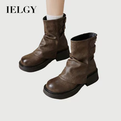 Botas Curtas IELGY Meirade Para Mulheres Novas Ocidentais De Cavaleiro Marrom De Sola Grossa