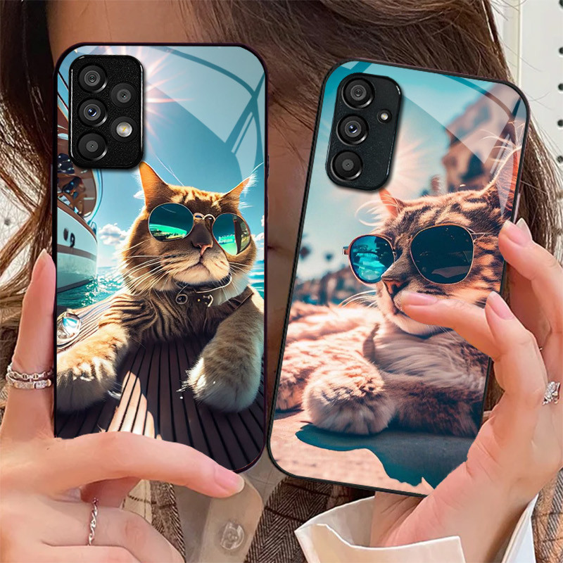 Gato Viagem 02 Caso De Telefone Vidro Para Samsung Galaxy A16 A15 A25 A35 A55 A53 A54 A34 A14 A32 A52 4G 5G Capa A56 A54
