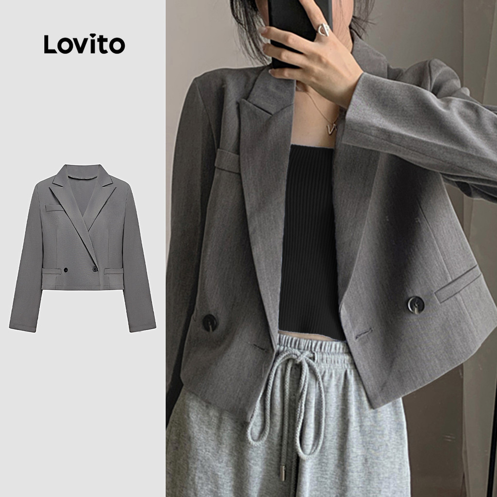 Lovito Blazer Casual de Botão para Lazer Deslocamento Outono/inverno Blazer Cinza para Mulheres L156AD241 em Oferta na Shopee