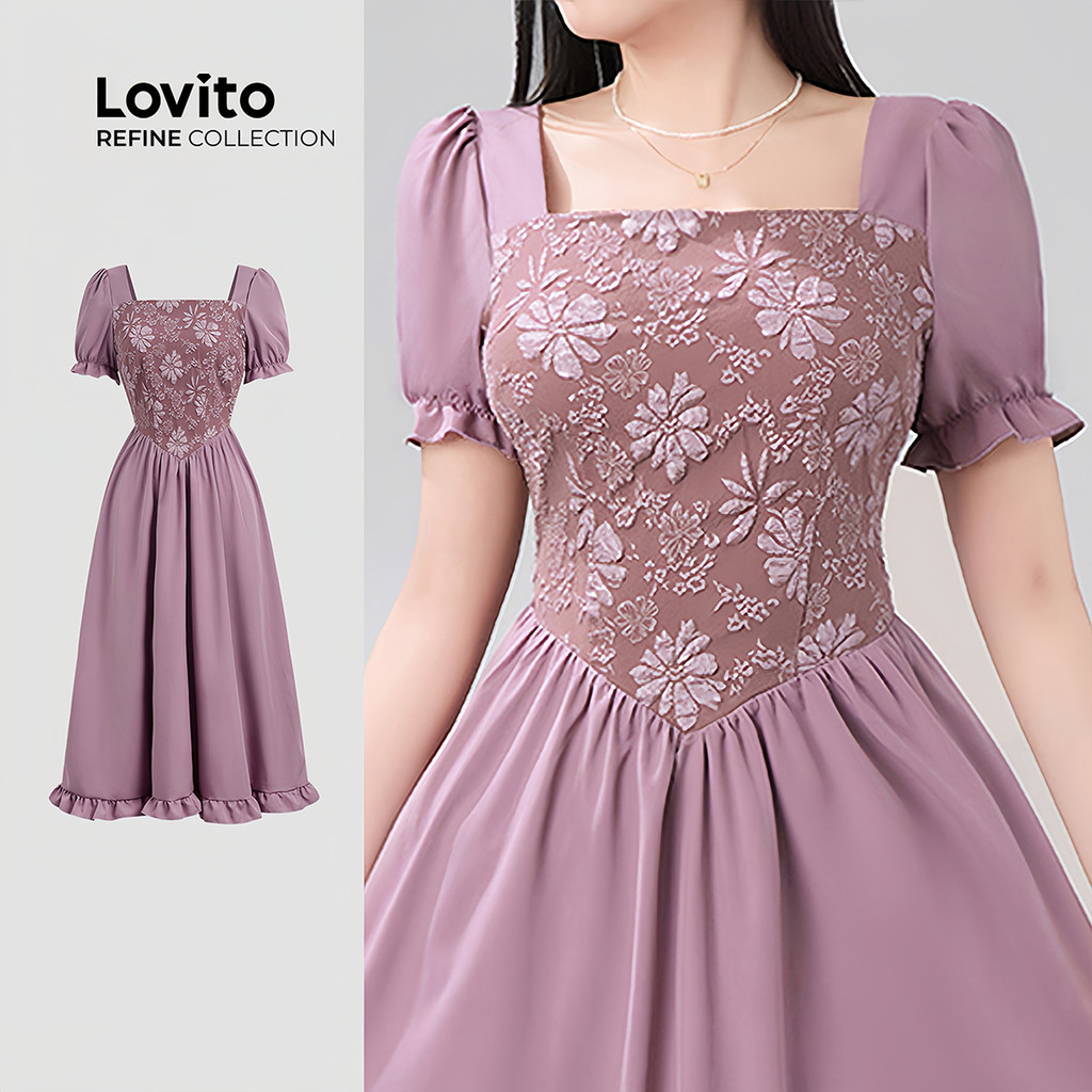 (Lovito Refine) Tecido de Vestido Elegante com Costura Jacquard Estrutura de Linha Primavera/verão rosa LR21E002 em Oferta na Shopee