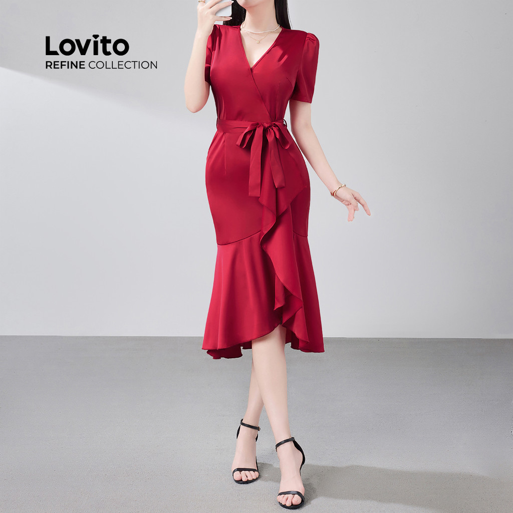 Detalhes do (Lovito Refine) Vestido Elegante Envolvente com Babados Linha de Estrutura primavera/verão LR21E007