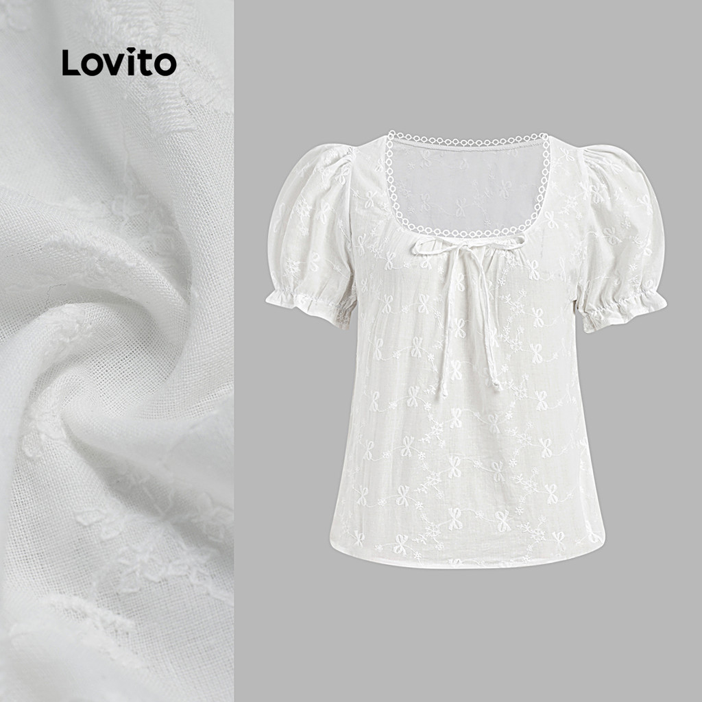(NEW) Lovito Blusa Casual de Renda com Amarração Primavera/verão Blusa Branca para Mulheres L154ED389 em Oferta na Shopee