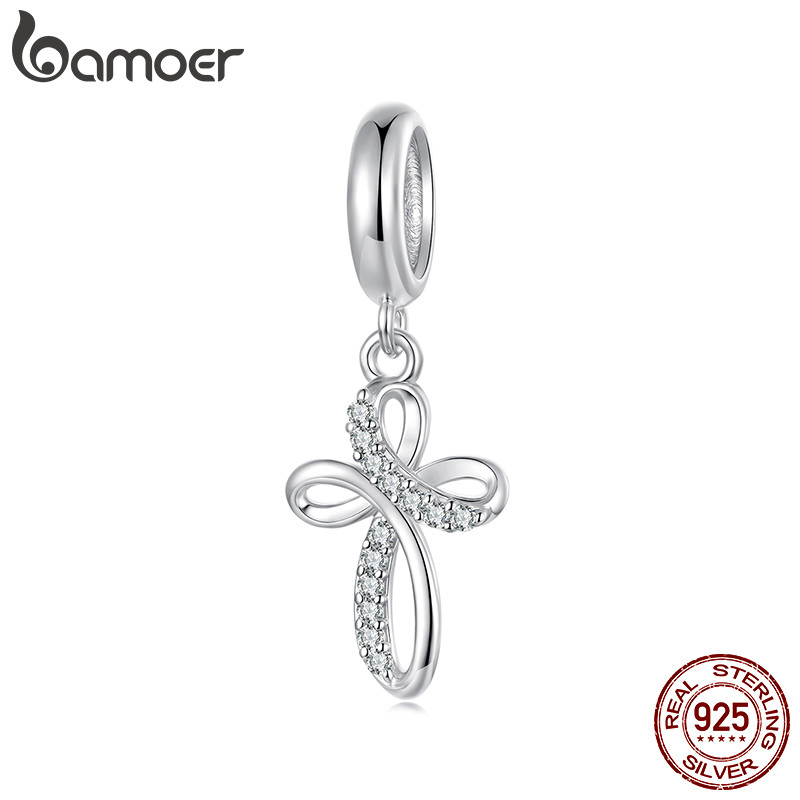 Bamoer 925 Prata Esterlina Charme Cruz Pingente DIY Para Pulseira Presentes Mulheres