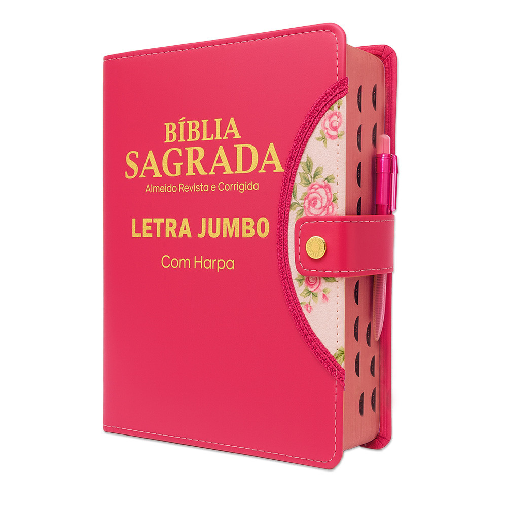 Bíblia Sagrada Letra Jumbo - Botão Pink - C/ Harpa - 16x25cm em Oferta na Shopee