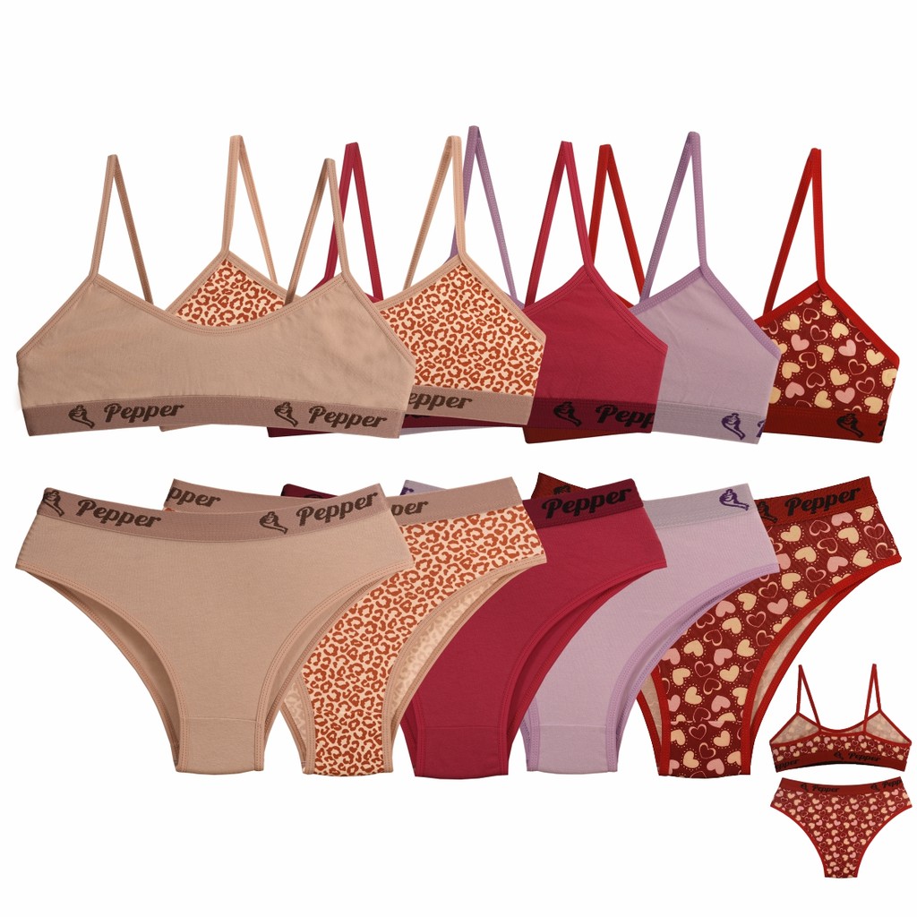 Kit 5 Conjuntos Juvenil Cotton Algodão 8% Calcinha E Sutiã