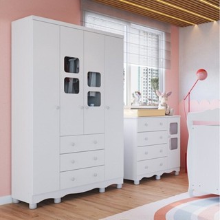 Quarto Infantil com Guarda Roupa 4 Portas e Cômoda 1 Porta com Janelas Mimo 100% Mdf Espresso Móveis em Oferta na Shopee