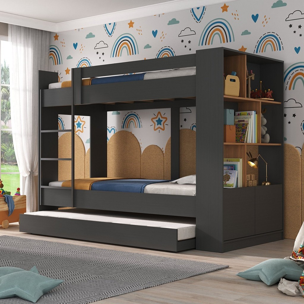 Treliche Infantil/Juvenil com Estante 2 Portas 6 Nichos Oliver Grafite/Nogal em Oferta na Shopee