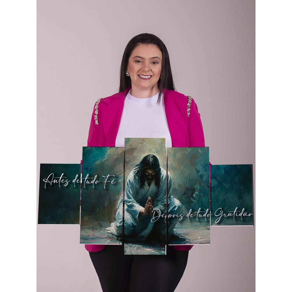 Quadro Decorativo 5 Peças Fé e Gratidão Sala Quarto Moderno Painel Religioso Parede Arte MDF