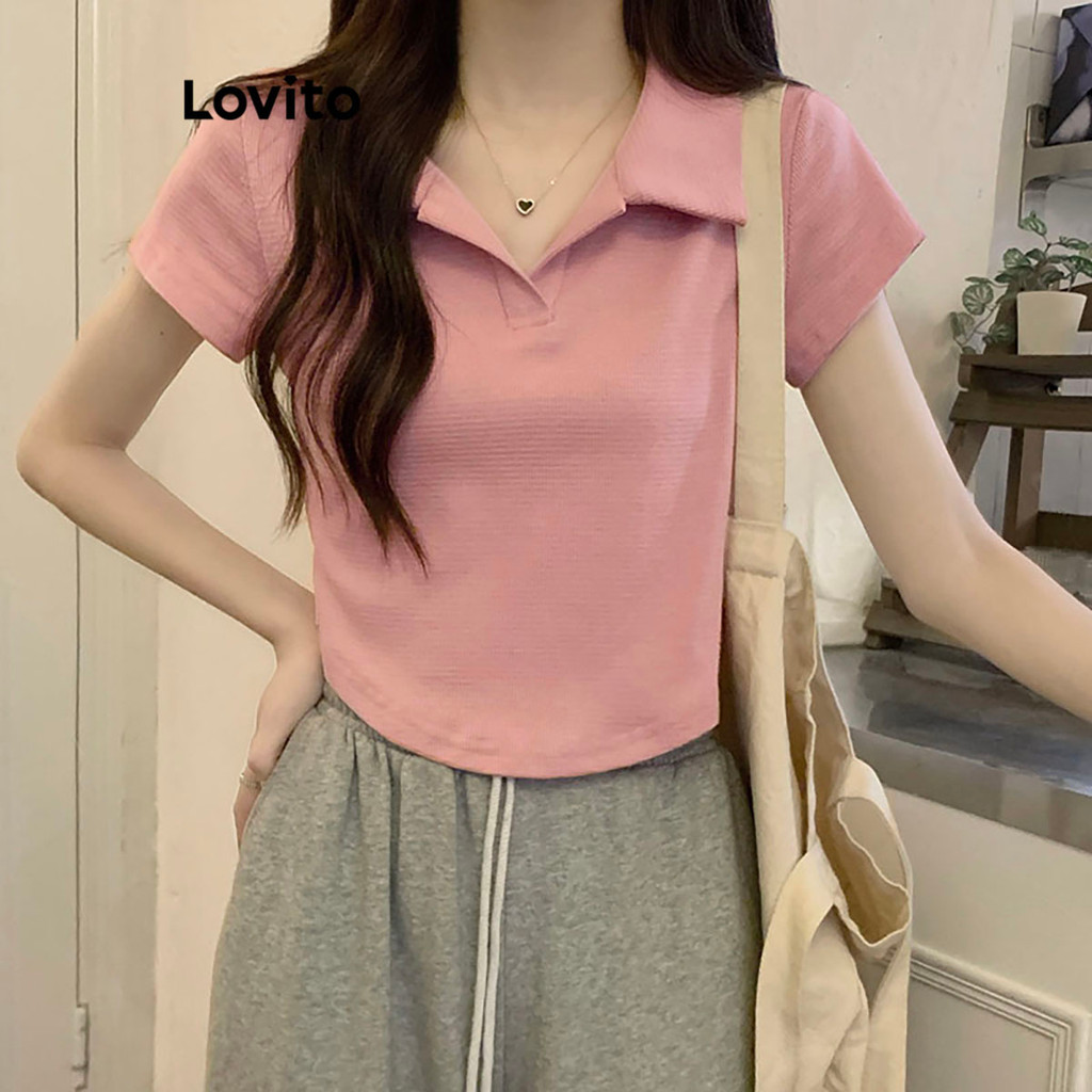 Detalhes do Lovito Camiseta Feminina Casual Lisa Waffle Em Malha Com Bainha LNE27015 (Multicolorido)