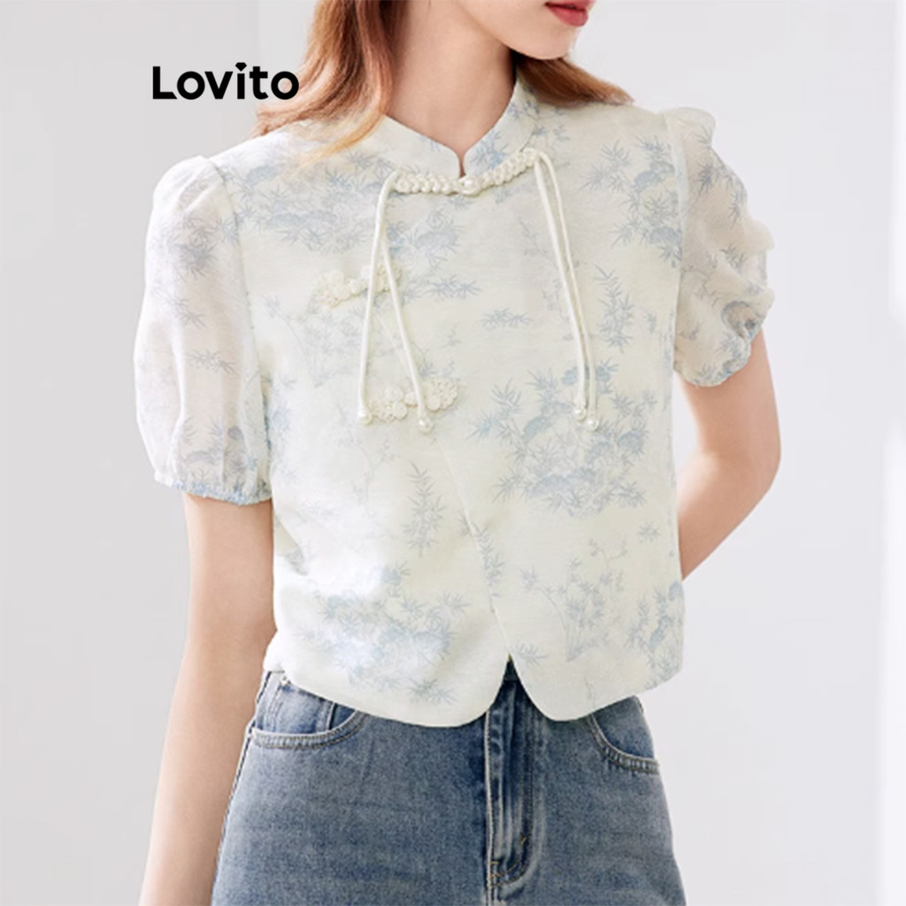 Detalhes do Lovito Blusa Feminina Elegante Nó Tie-Dye L112ED617