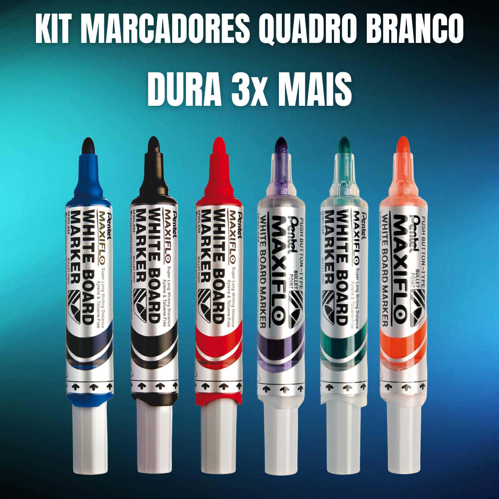 Kit Marcador Caneta P/ Quadro Branco MWL5M Dura 3x Mais Maxiflo Ponta Média Apagável e Durável