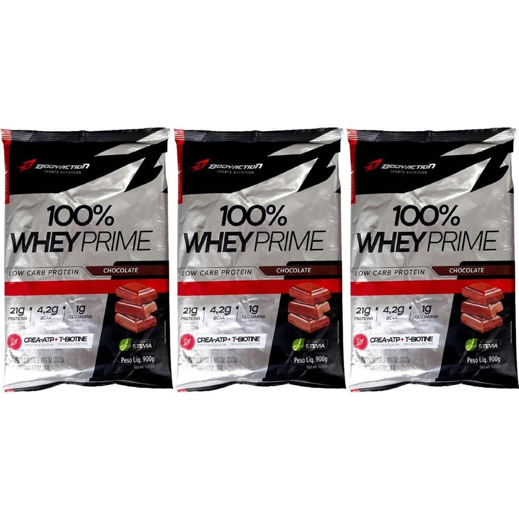 Kit 3X 100% Whey Prime - 900g Refil Chocolate - BodyAction