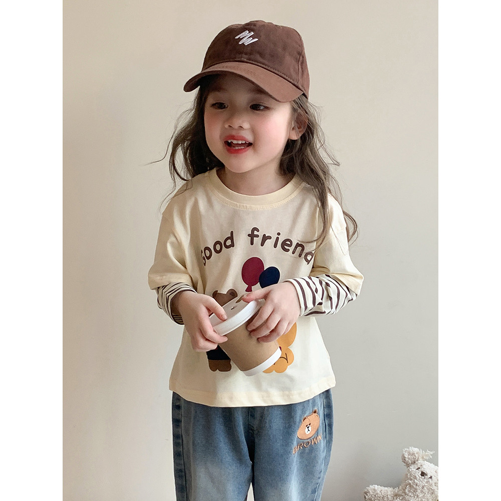 Crianças puro algodão camiseta primavera outono 2026 meninas camisa de fundo das crianças dos desenhos animados meninas 
