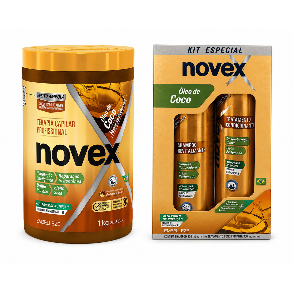 Kit Novex Oleo de Coco Creme 1kg + Shampoo + Condicionador  300ml Fortalecimento Nutricao Brilho