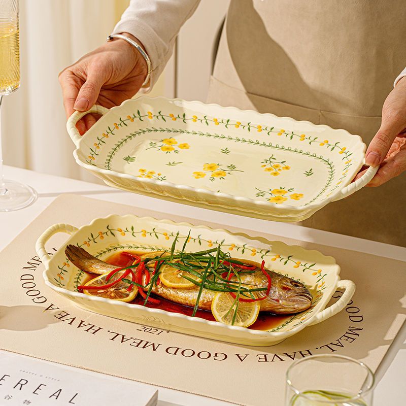 Prato de peixe prato doméstico com orelhas Anti-escaldante placa vegetal cerâmica Underglaze colorido prato de peixe Hig