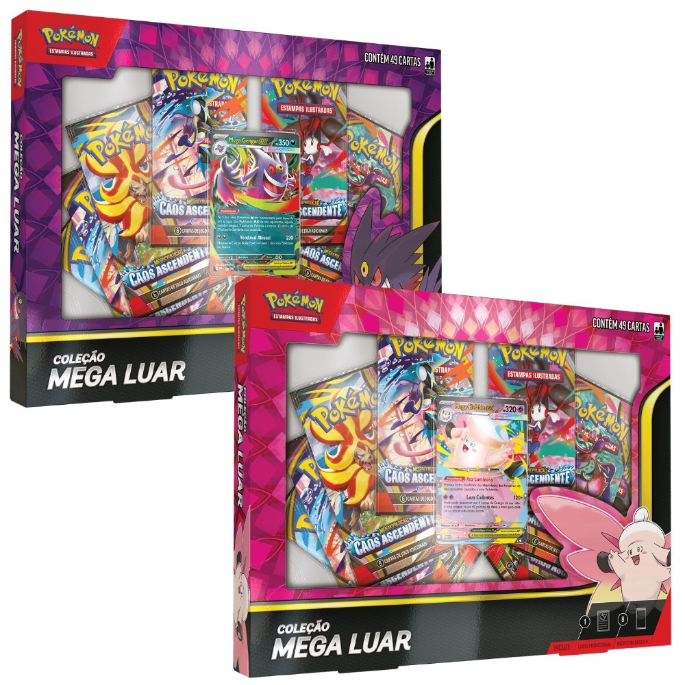BOX POKÉMON COLEÇÃO MEGA LUAR GENGAR CLEFABLE EX COPAG CAOS ASCENDENTE EVOLUÇÃO TCG CARTAS BOOSTERS