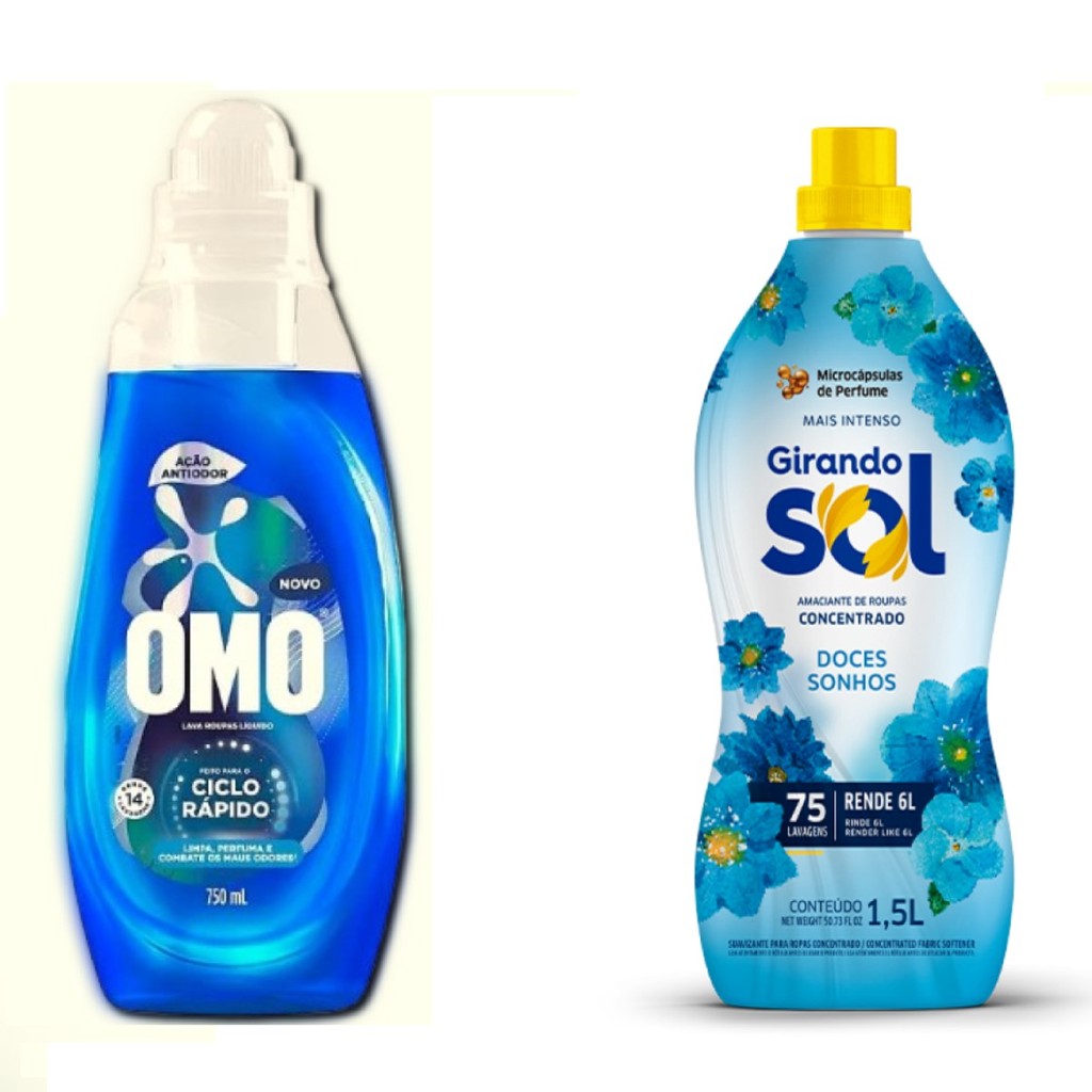 Lava Roupas Líquido Omo Ciclo Rápido Ação Antiodor 750 ml + Amaciante de Roupas Girando Sol Conc. 1 Lt Doces Sonhos