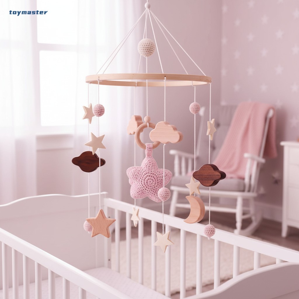 Móbile De Madeira Natural Para Bebês Com Nuvens De Lua De Estrelas-Brinquedo Pendurado Berço De Educação Infantil