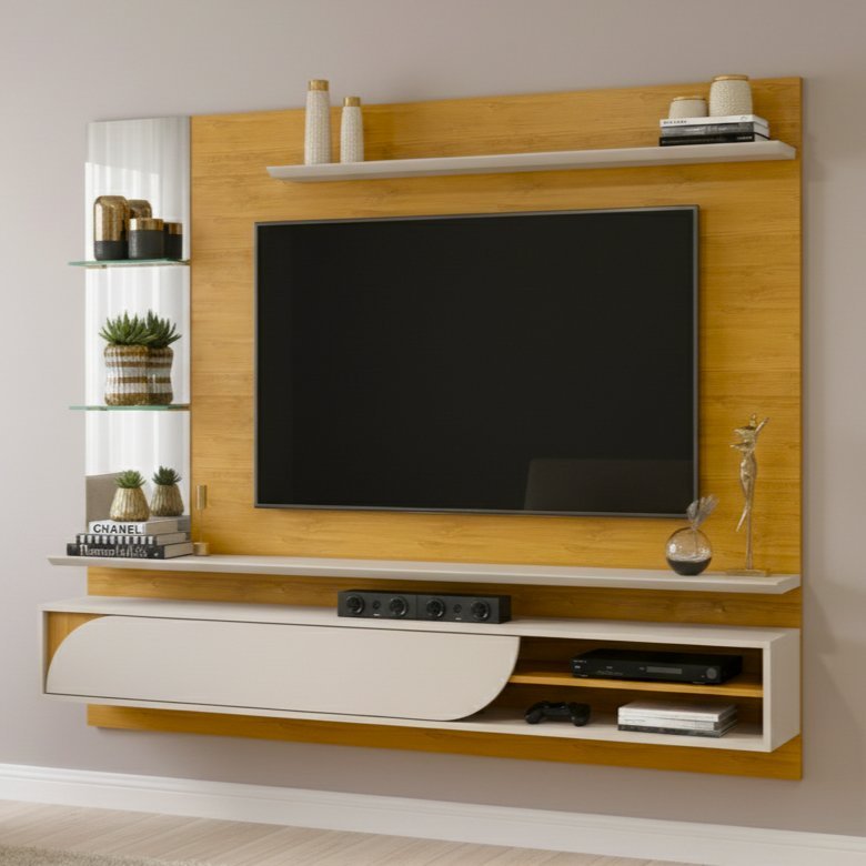 Painel para TV até 60 Polegadas 180cmx152,7cm 1 Porta Basculante Curva e Espelho com 2 Prateleiras Vidro Ravi Marrom