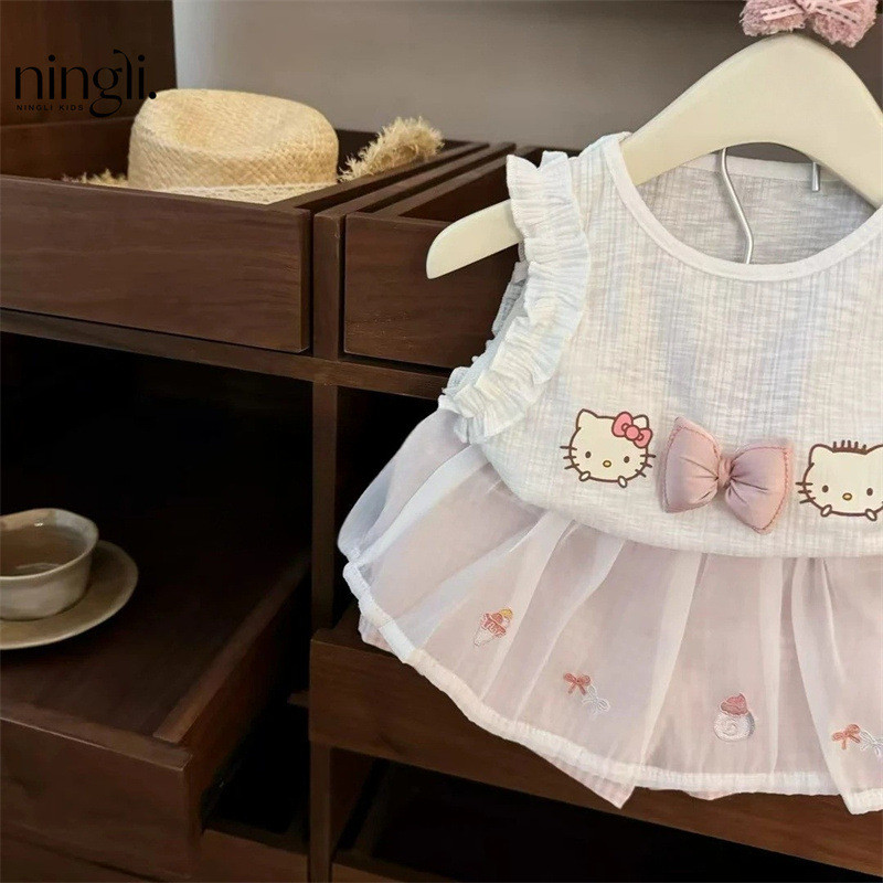 [Katie Rosa Rosa!Feminino bebê verão dos desenhos animados colete rosa xadrez calças de renda elegante terno bonito