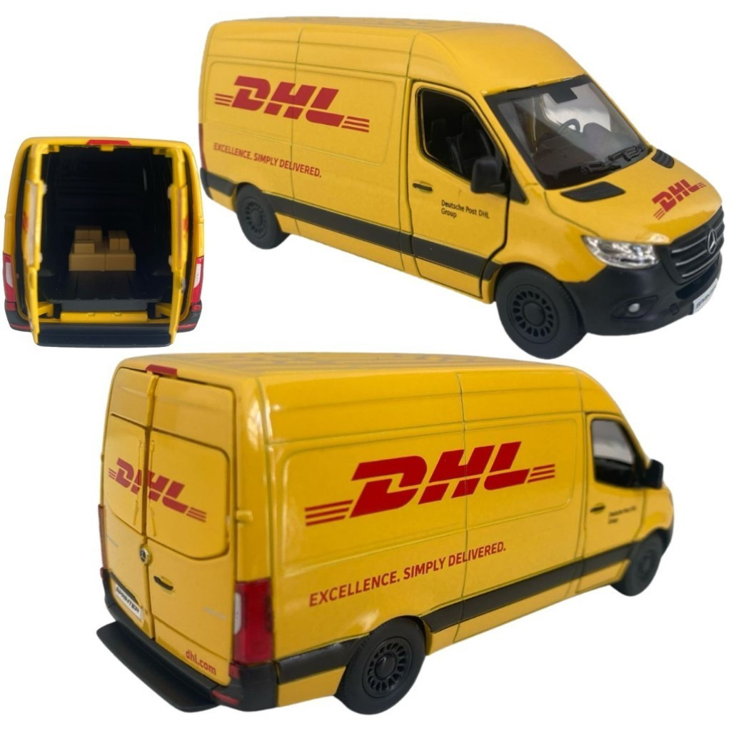 Miniatura Mercedes Benz Sprinter DHL 1:48 – Van Colecionável Metal Fricção Portas Abertas