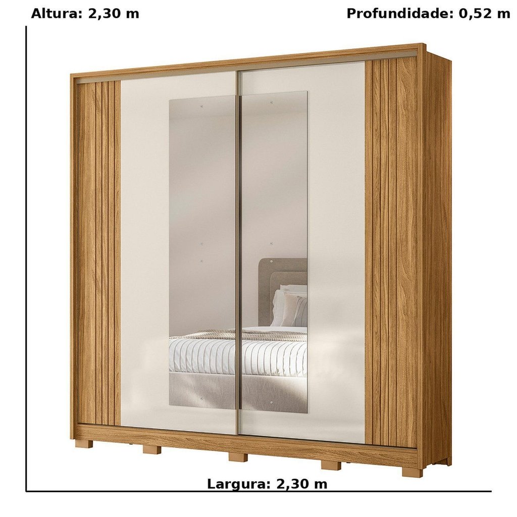 Guarda-Roupa Casal Frisado 2 Portas de Correr 4 Gavetas com Espelho e Pés Dunas Marrom/Freijó/Off White — imagem 2 de 2
