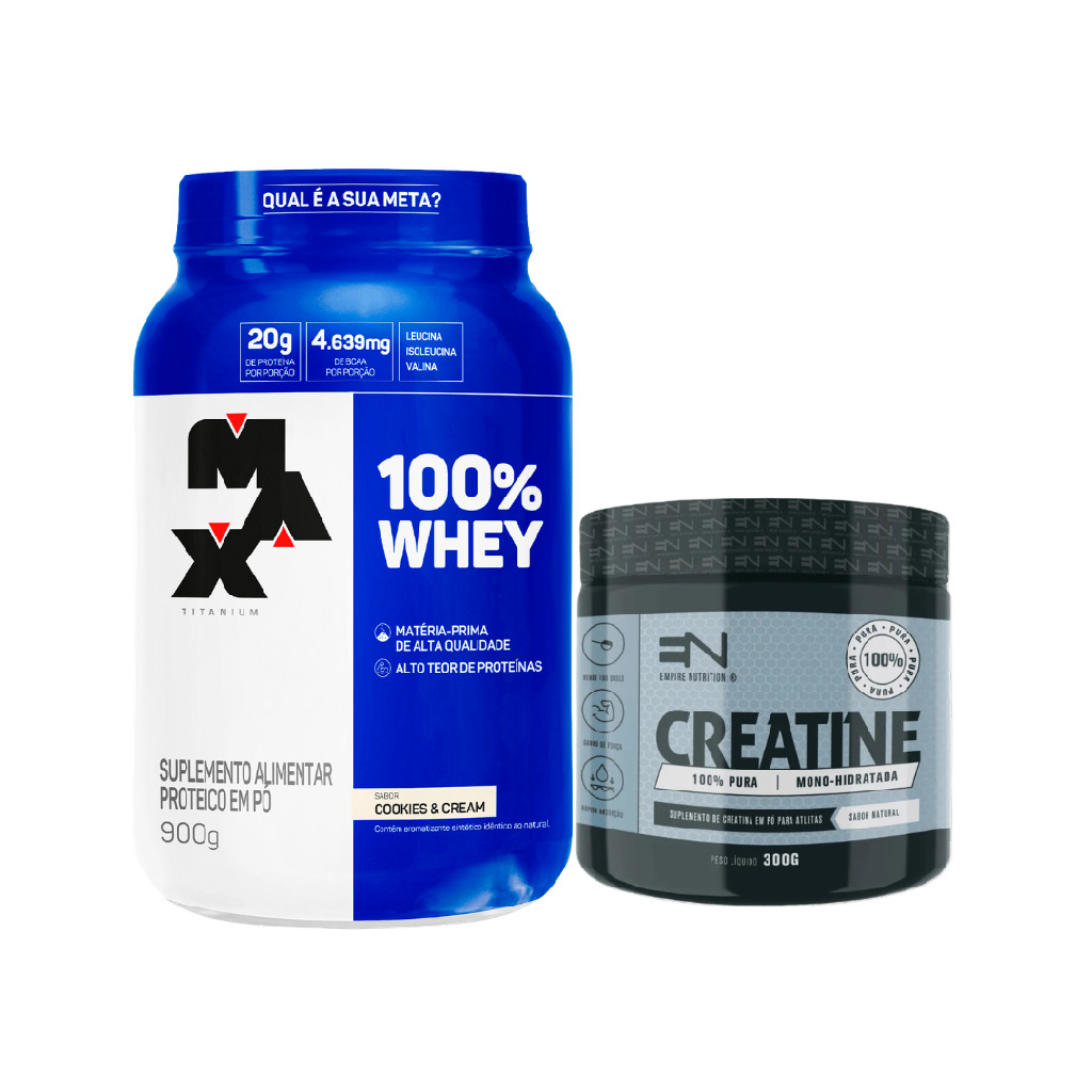 Kit 100% Whey Protein Max Titanium Pote 900g Cookies + Creatina Monohidratada 300g