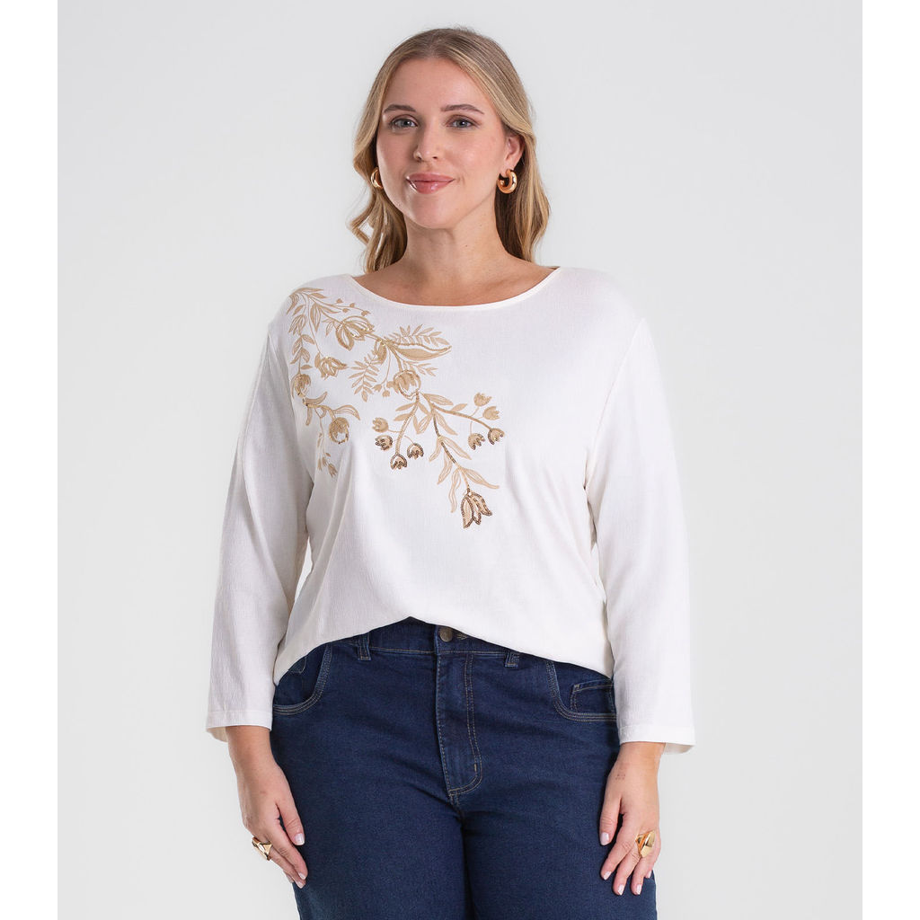 Busa De Manga Longa Bordado Plus Size Secret Glam Bege